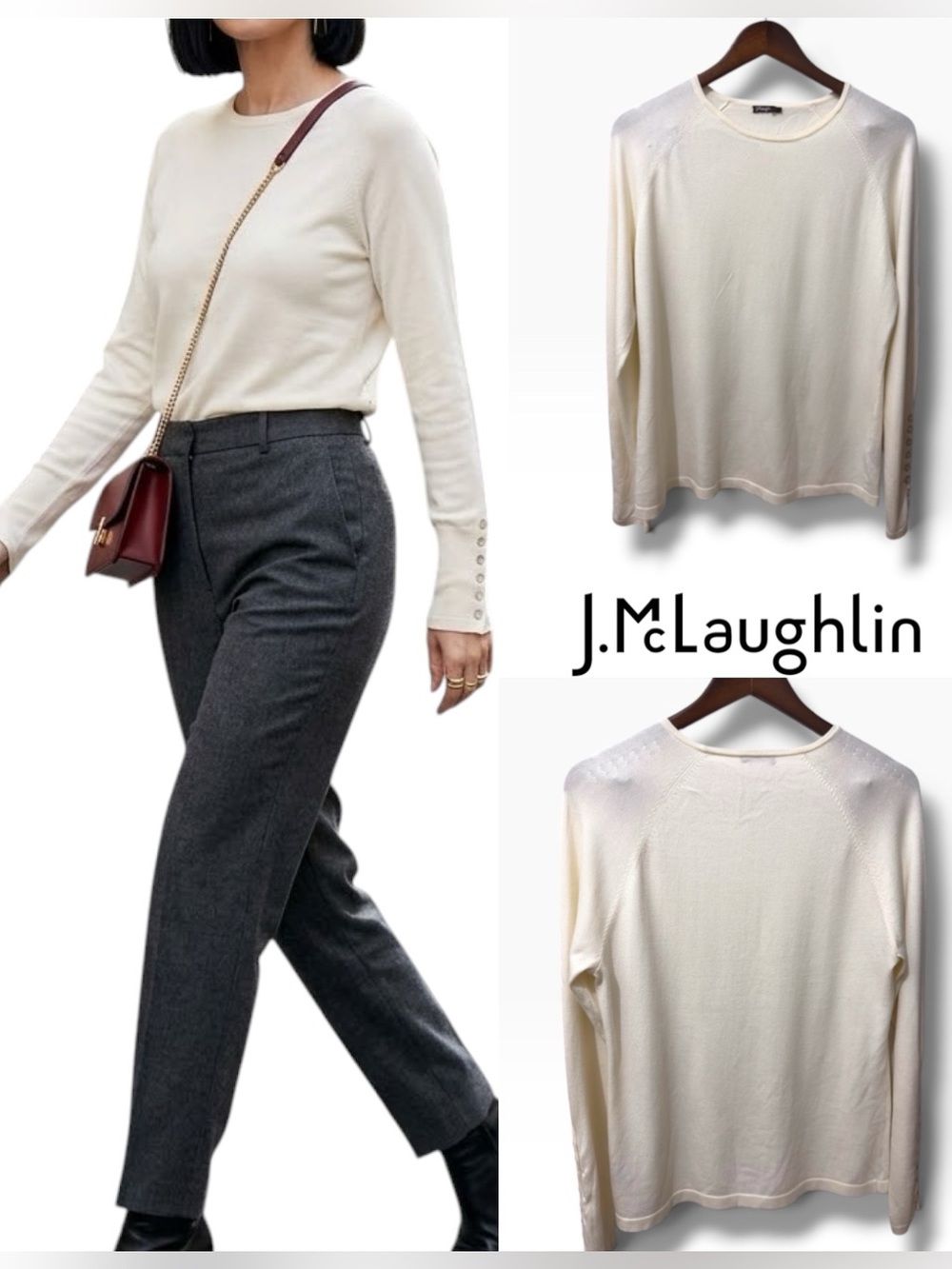 J. McLaughlin | NWOT Cotton Ivory Button-Cuff Crewneck Long-Sleeve Sweater (L)